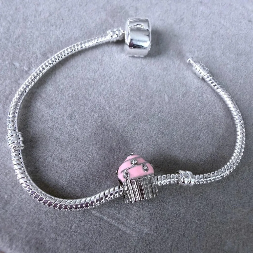 Pink Enamel Cupcake Silver European Charm fits PANDORA